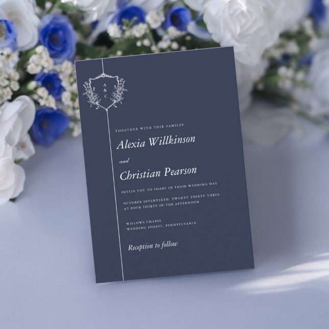 Navy Blue traditional white crest wedding Invitation (navy blue with white text crest wedding invitation , simple stylish wedding , tie the knot in style )