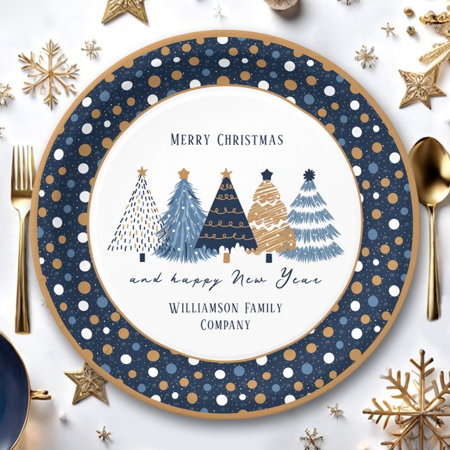 Navy Blue Trees Dots Modern Christmas Holiday Paper Plate (Navy Blue Trees Dots Modern Christmas Holiday Paper Plates)