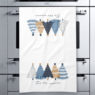 Navy Blue Trees Modern Simple Christmas Holiday Tea Towel