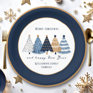 Navy Blue Trees Taxt Modern Christmas Holiday Paper Plate
