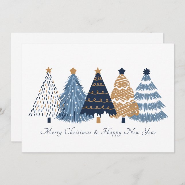 Navy Blue Trees White Christmas New Year Card (Front/Back)