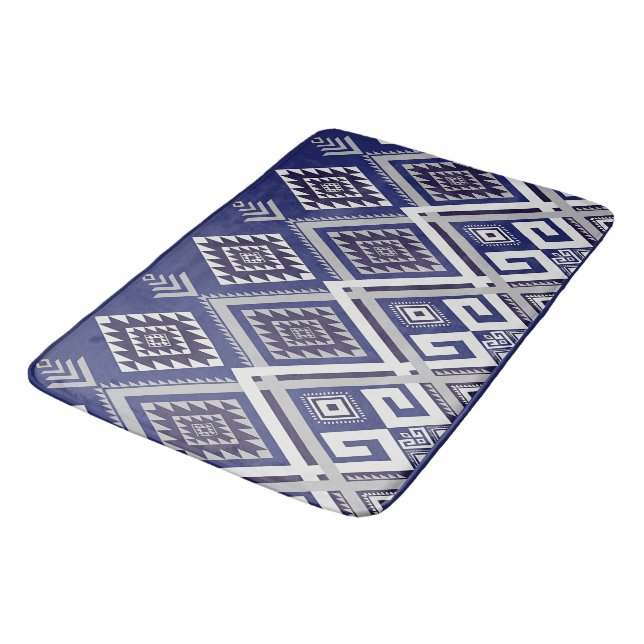 Navy Blue Tribal Motif Surface Pattern Bath Mat (Angled)