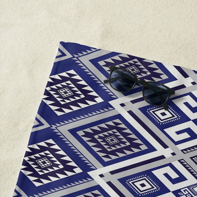 Navy Blue Tribal Motif Surface Pattern Beach Towel (In Situ)