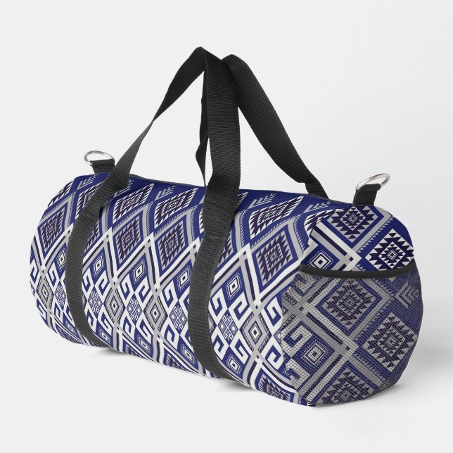 Navy Blue Tribal Motif Surface Pattern Duffle Bag (Right Corner)