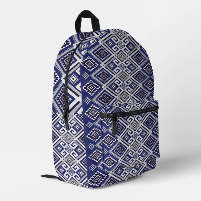 Navy Blue Tribal Motif Surface Pattern Printed Backpack (Back Corner Left)