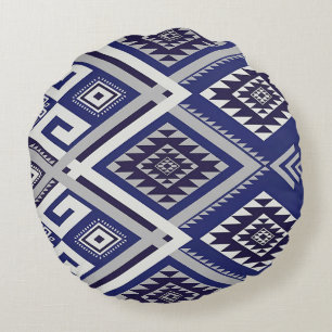 Navy Blue Tribal Motif Surface Pattern Round Cushion
