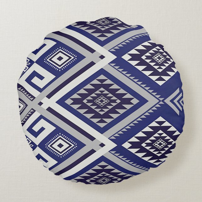 Navy Blue Tribal Motif Surface Pattern Round Cushion (Back)