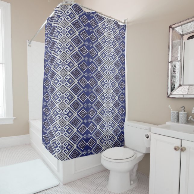 Navy Blue Tribal Motif Surface Pattern Shower Curtain (In Situ)