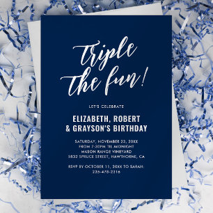 Navy Blue Triple The Fun Joint Birthday Party Invitation