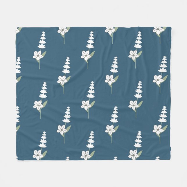 Navy Blue Tropical Floral Botanical Spring Summer Fleece Blanket (Front (Horizontal))