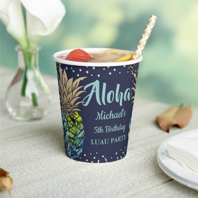 Navy Blue Tropical Luau Pineapple Beach Birthday Paper Cups (Insitu)