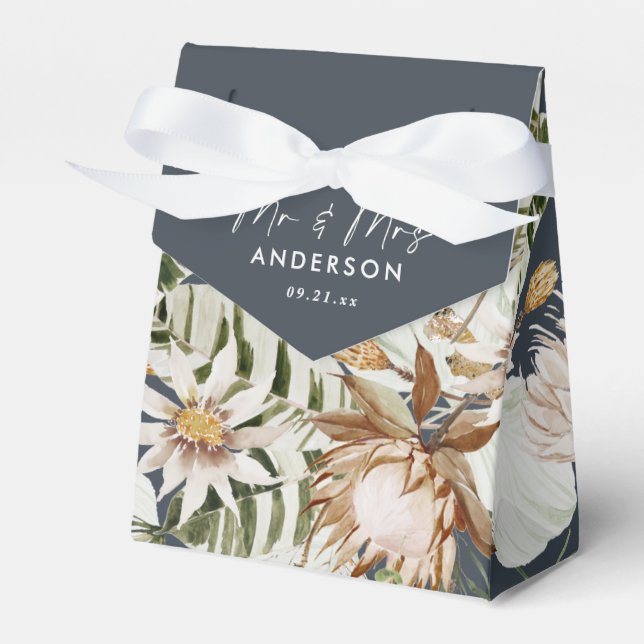Navy blue tropical modern elegant mr and mrs favour box (Front Side)