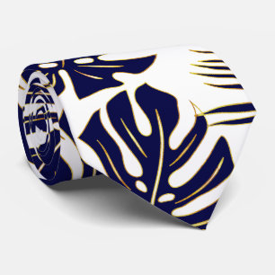 Navy blue tropical monstera and palm leaves tie