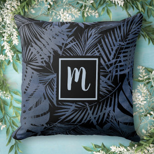 Navy blue tropical palm leaf, chic modern monogram cushion