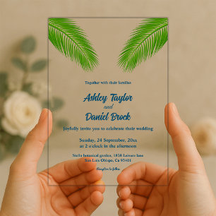 Navy Blue Tropical Palm Leaf Coastal Beach Wedding Acrylic Invitations