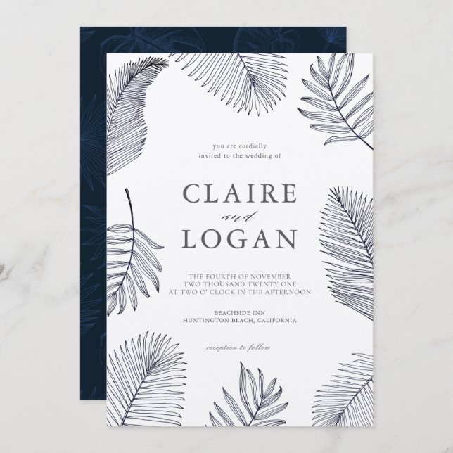 Navy Blue Tropical Palm Tree Leaves Wedding Invitation (Front/Back)