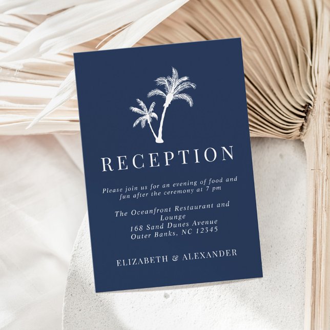 Navy Blue Tropical Palm Tree Wedding Reception Enclosure Card (Creator Uploaded)