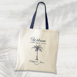 Navy Blue Tropical Palm Tree Wedding Welcome Tote Bag<br><div class="desc">Customise this navy blue "Welcome" tote bag with your own special touch. This modern design features modern script,  navy blue text and artistic palm tree. Personalise it with your names,  wedding date and location. If you need help or matching items,  please contact me.</div>