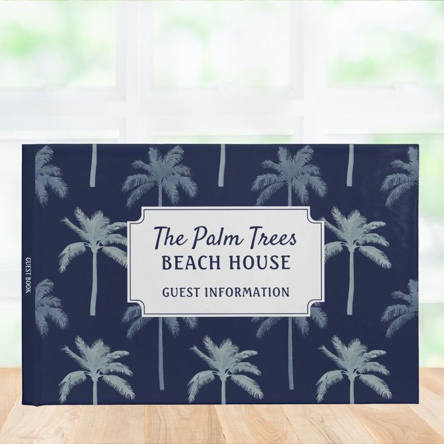 Navy Blue Tropical Palm Trees Beach House Guest Book (In situ)