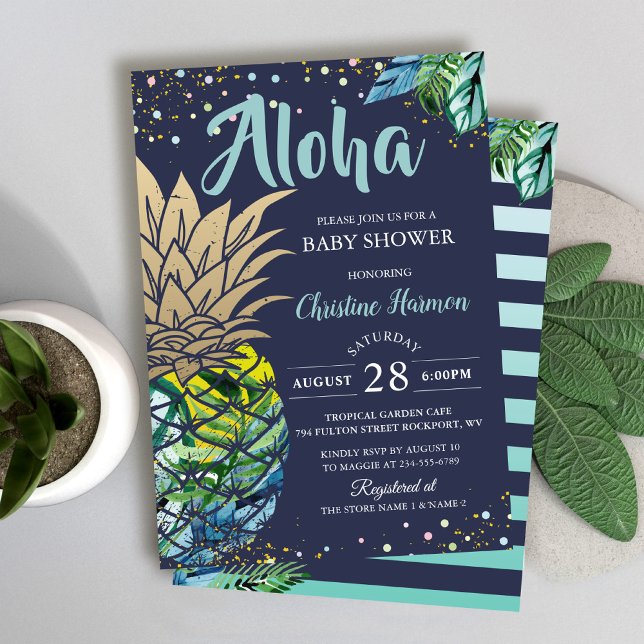 Navy Blue Tropical Pineapple Beach Baby Shower Invitation (Creator Uploaded)