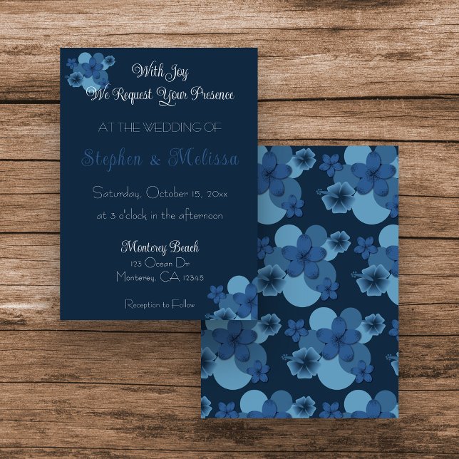 Navy Blue Tropical Theme Wedding Invitation (Navy Tropical Flower Wedding Invitation)