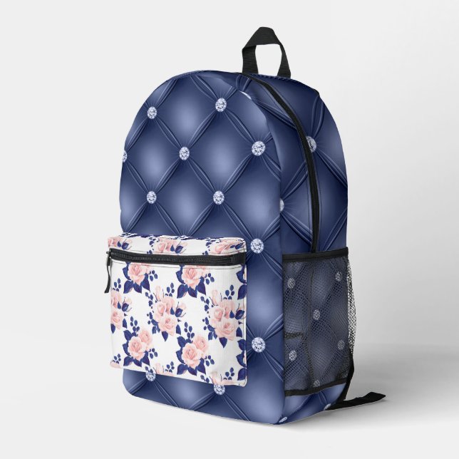 NAVY BLUE TUFTED LOOK PATTERN WITH PINK ROSES PRINTED BACKPACK (Back Corner Right)