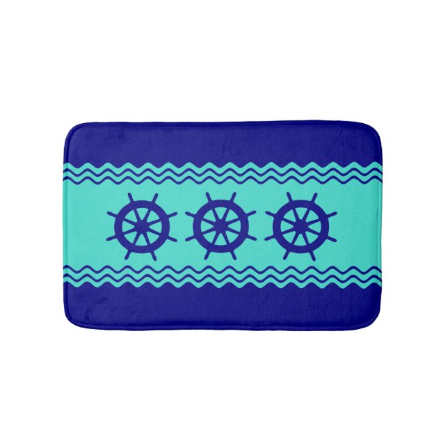 Navy Blue Turquoise Helm Stripe Bath Mat (Front)