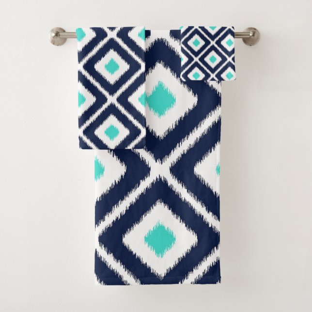 Navy Blue, Turquoise, White Ikat Diamond Bath Towel Set (Insitu)