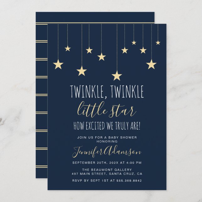 Navy Blue Twinkle Little Star Baby Shower Invitation (Front/Back)
