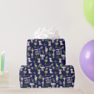 Navy Blue Twins Jungle Animals Boy 1st birthday. Wrapping Paper