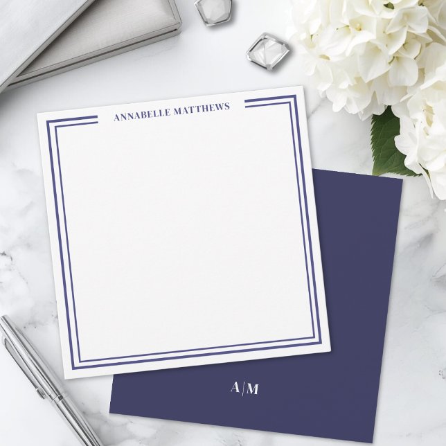 Navy Blue Two Border Name Monogram Square Card (Navy Blue Two Border Name Monogram Square Note Card )