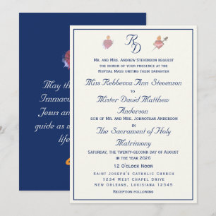 Navy-Blue Two Hearts Catholic Wedding Invitation