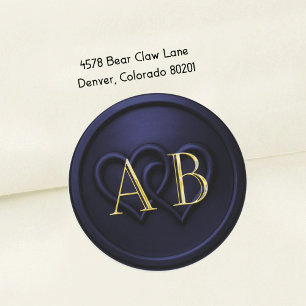 Navy  Blue Two Hearts Gold Monogram Wedding 2 Classic Round Sticker
