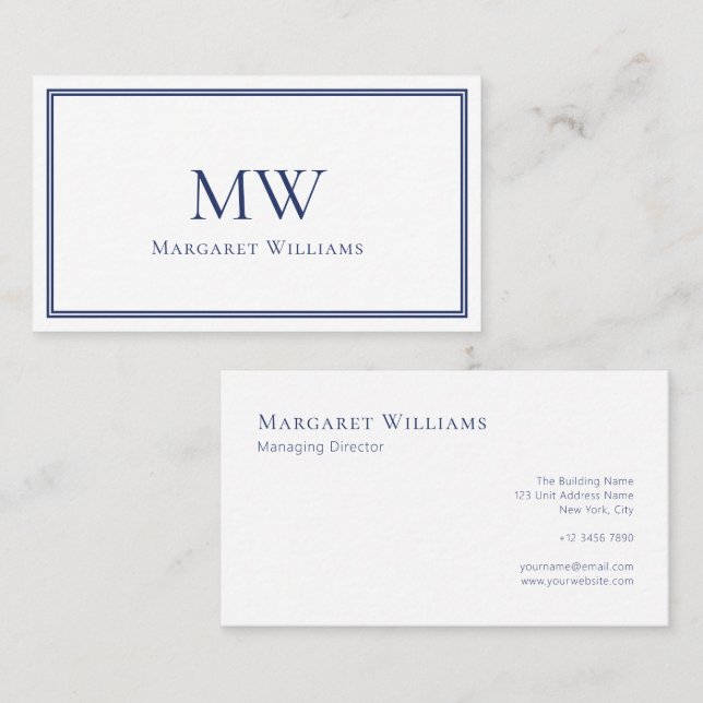 Navy Blue Two Letter Monogram Professional  Business Card (Front/Back)
