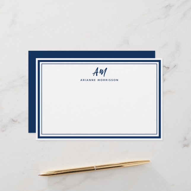 Navy Blue Two Monogram Thin & Thick Border Stationery (Front/Back In Situ)