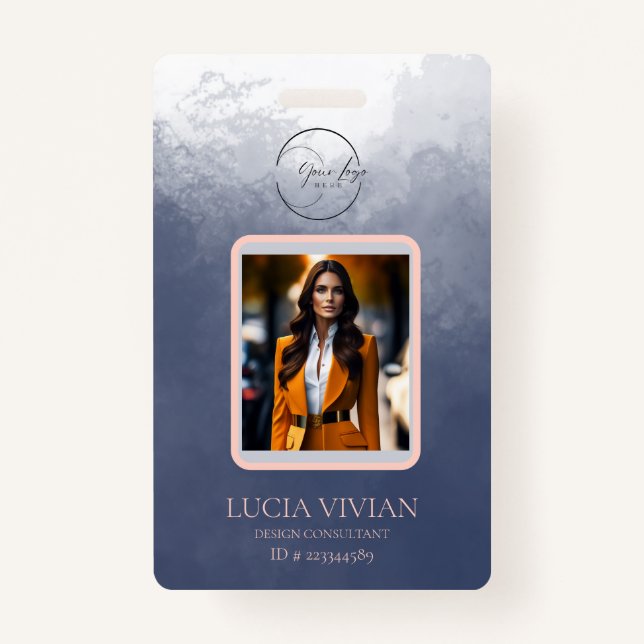 Navy Blue Two way Colour QRcode Photo Employee Nam ID Badge (Front)