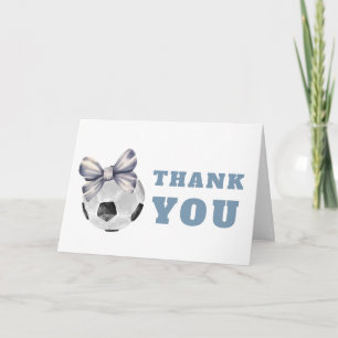 Navy Blue Typography Bow Soccer Boy Baby Shower Thank You Card