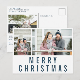 Navy Blue Typography Merry Christmas Photo Collage Postcard