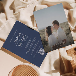 Navy Blue Typography Script Photo QR Code Wedding Invitation