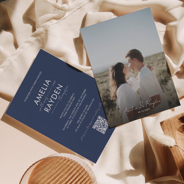 Navy Blue Typography Script Photo QR Code Wedding Invitation (Creator Uploaded)