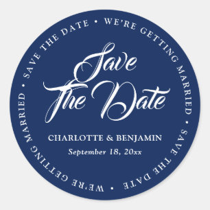 Navy Blue Typography Wedding Save The Date Classic Round Sticker