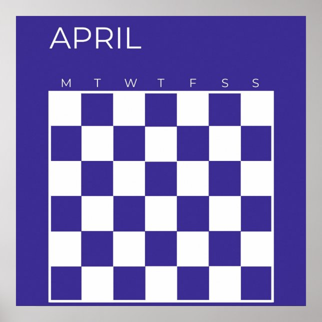 Navy Blue Undated Chequered April Monthly Calendar Poster (Front)