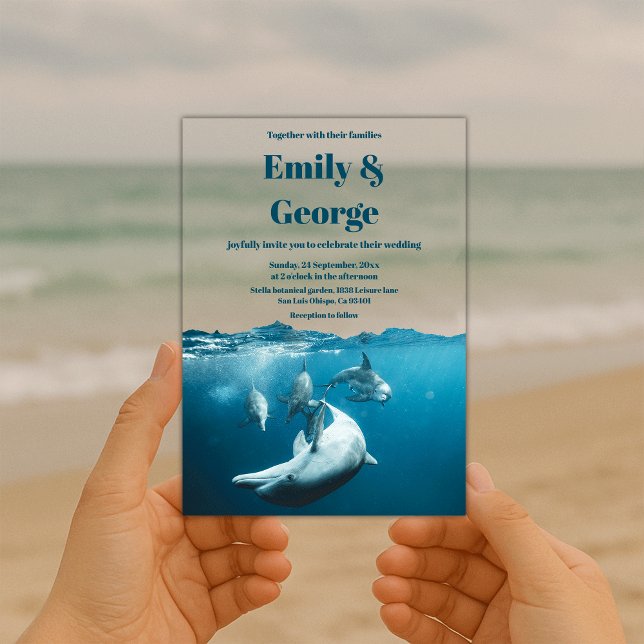 Navy Blue Under the Sea Dolphins Coastal Wedding Acrylic Invitations (Creator Uploaded)