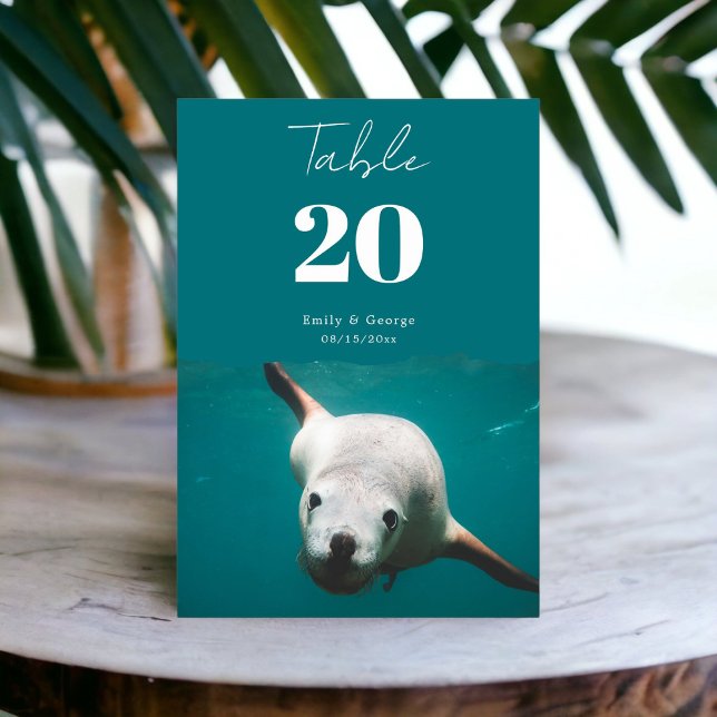 Navy Blue Underwater Aqua Sea Lion Coastal Wedding Table Number (Creator Uploaded)