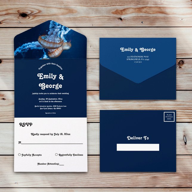 Navy Blue Underwater Jellyfish Nautical Wedding All In One Invitation (Creator Uploaded)