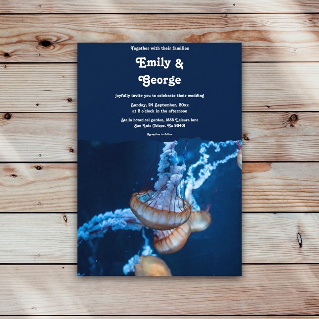 Navy Blue Underwater Jellyfish Nautical Wedding Invitation (Creator Uploaded)