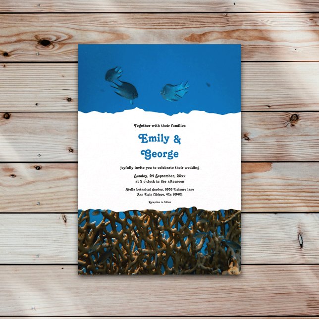 Navy Blue Underwater Sea Fish Reef Beach Wedding Invitation (Creator Uploaded)