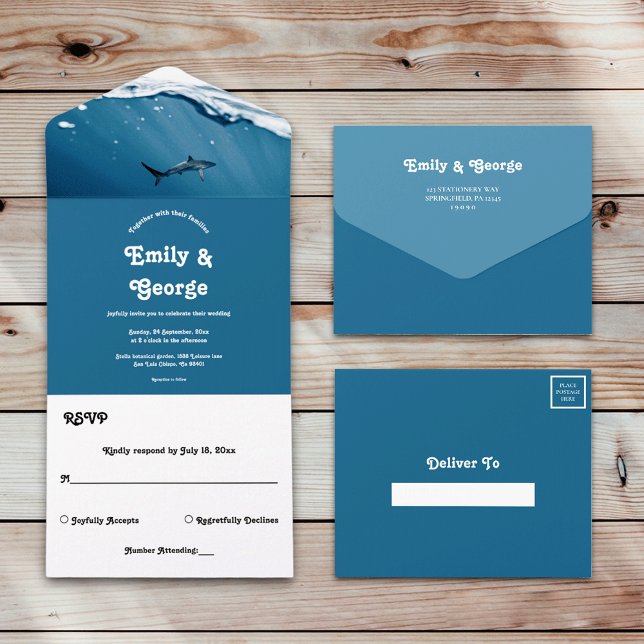 Navy Blue Underwater Shark Nautical Beach Wedding All In One Invitation (Creator Uploaded)