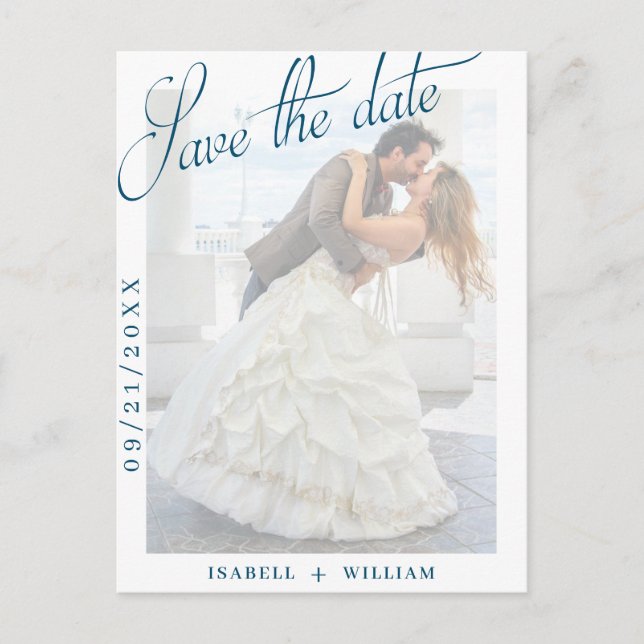  Navy Blue Vellum Photo Wedding Save The Date Announcement Postcard (Front)