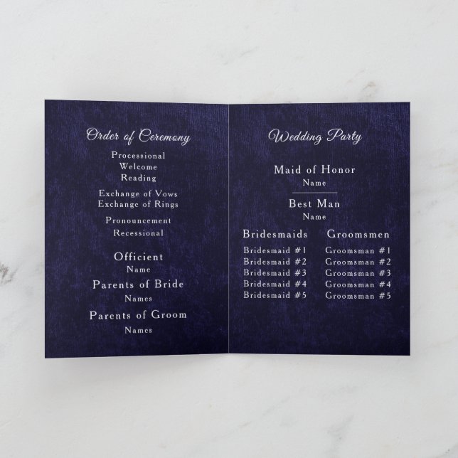 Navy Blue Velvet White Folded Wedding Program Programme (Inside)